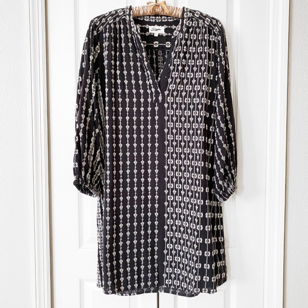 Lou & Grey Botanica Long Sleeved Boho Mini Shift Dress | Black / White  | XS